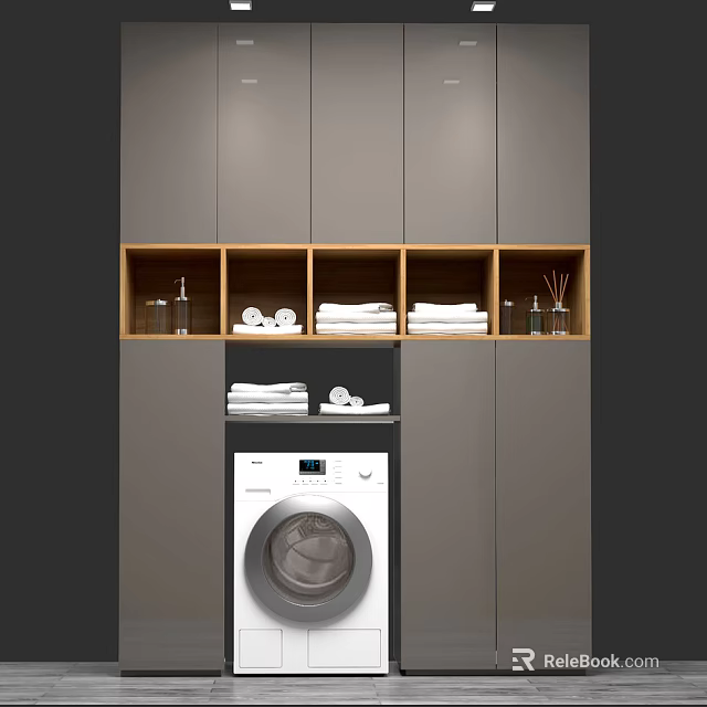 Modern Laundry Room With White Washing Machine Grey Cabinets Wooden Shelf And Clean Towels 3d model 