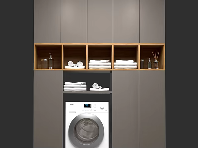 Modern Laundry Room With White Washing Machine Grey Cabinets Wooden Shelf And Clean Towels 3d model