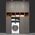 Modern Laundry Room With White Washing Machine Grey Cabinets Wooden Shelf And Clean Towels