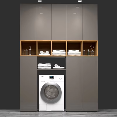 Modern Laundry Room With White Washing Machine Grey Cabinets Wooden Shelf And Clean Towels 3d model