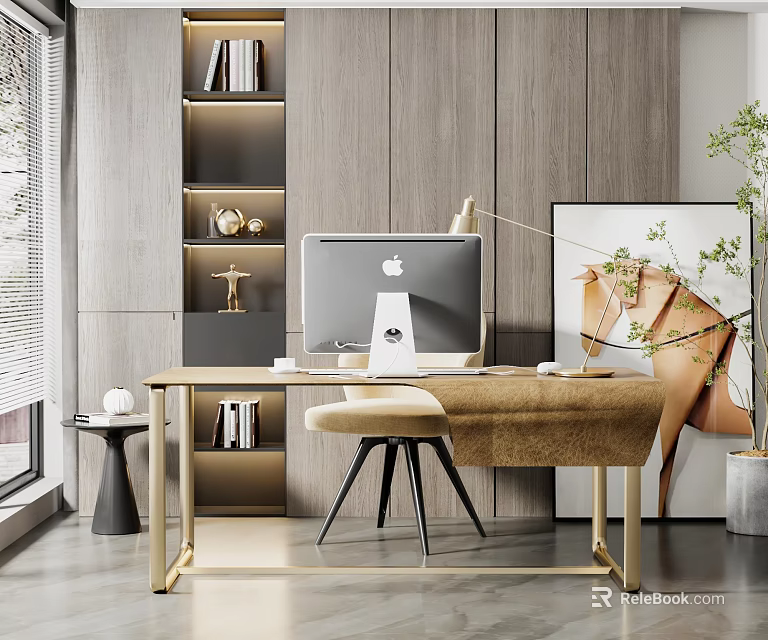 Modern Office Desk with Apple Monitor Desk Lamp Wooden Wall Decorative Painting and Comfortable Chair 3d model 