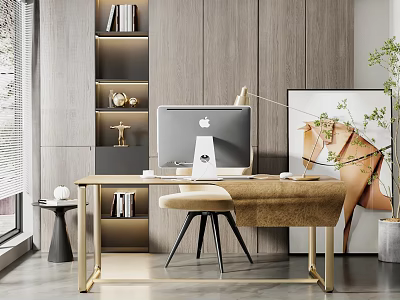 Modern Office Desk with Apple Monitor Desk Lamp Wooden Wall Decorative Painting and Comfortable Chair 3d model