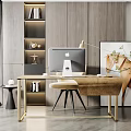 Modern Office Desk with Apple Monitor Desk Lamp Wooden Wall Decorative Painting and Comfortable Chair