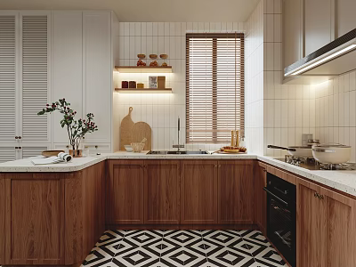 Modern Kitchen Interior With Wooden Cabinets White Countertop Window Blinds And Checkered Floor 3d model
