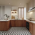 Modern Kitchen Interior With Wooden Cabinets White Countertop Window Blinds And Checkered Floor