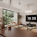 Elegant Modern Dining and Living Room Interior With Large Windows Chandelier Tufted Sofa Coffee Table And Display Cabinets