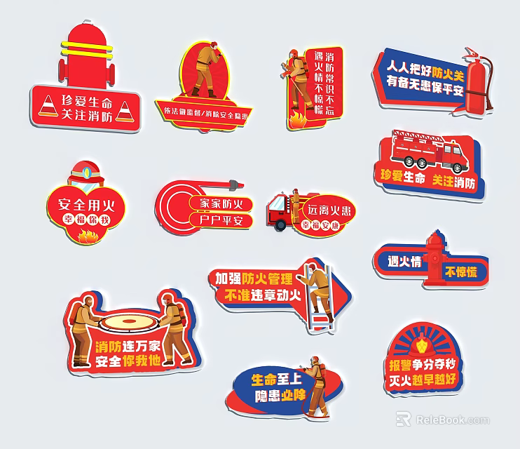 Fire Safety Wall Decorations With Prevention Signs Emergency Exit Guides And Instructions 3d model