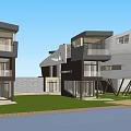 Modern Detached House Exterior With Unique Architectural Design Large Windows And Green Lawn