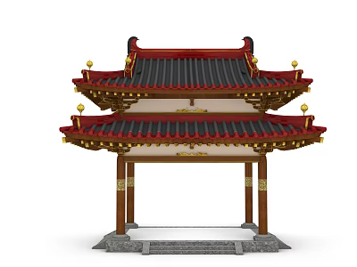 Traditional Chinese Pavilion With Two Tiered Roof Red Black Tiles Golden Decorations And Wooden Pillars 3d model