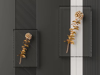 Elegant Golden Floral Wall Decorations With Leaves On Black Background And Transparent Frame 3d model