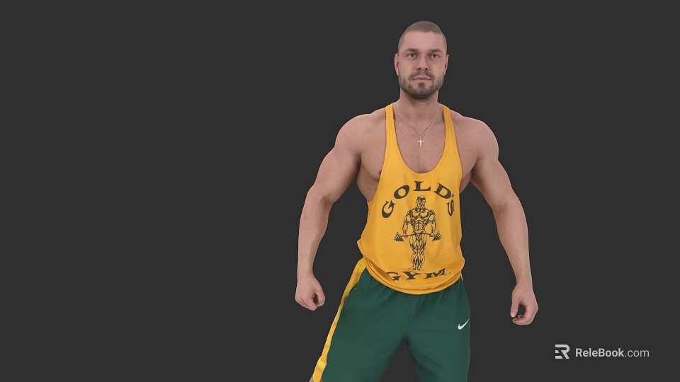 Muscular Man Wearing Gold Printed Yellow Tank Top And Green Athletic Pants Displaying Fit Physique 3d model 
