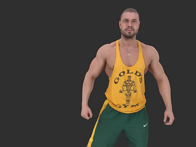 Muscular Man Wearing Gold Printed Yellow Tank Top And Green Athletic Pants Displaying Fit Physique 3d model
