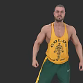 Muscular Man Wearing Gold Printed Yellow Tank Top And Green Athletic Pants Displaying Fit Physique