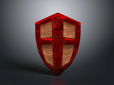 Red Cross Shaped Shield With Wooden Texture Medieval Defensive Weapon Design 3d model