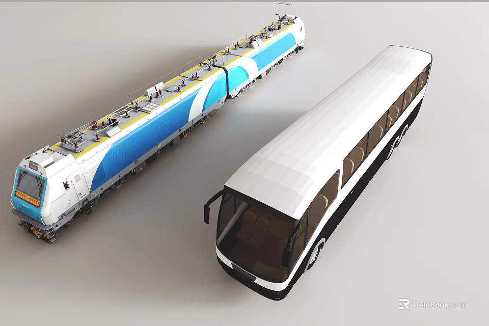 Side By Side View Of Modern High Speed Train And White Bus 3d model 