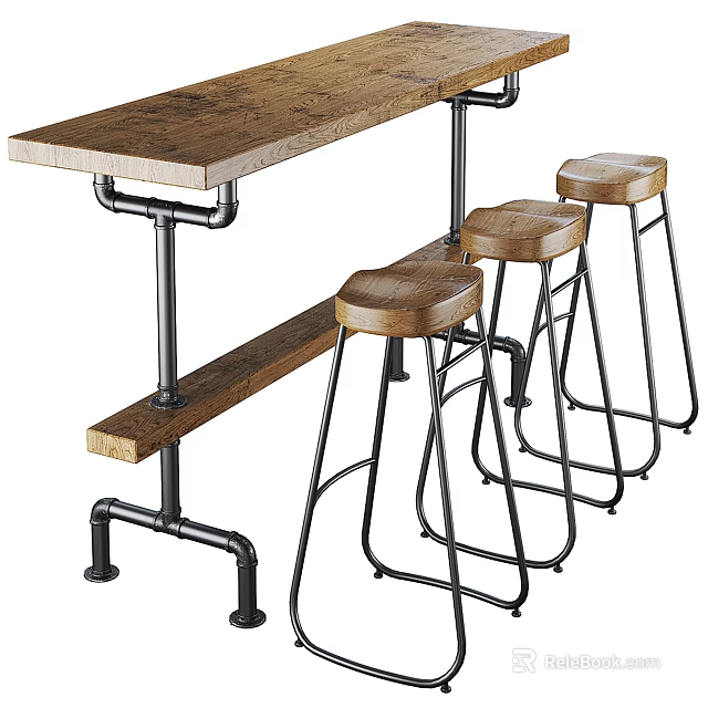 Rustic Wooden Bar Counter With Metal Frame And Three Stools 3d model 