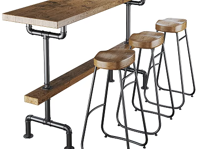 Rustic Wooden Bar Counter With Metal Frame And Three Stools 3d model