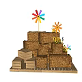 Decorative Colorful Pinwheels On Stacked Hay Bales Pyramid With Wooden Crates