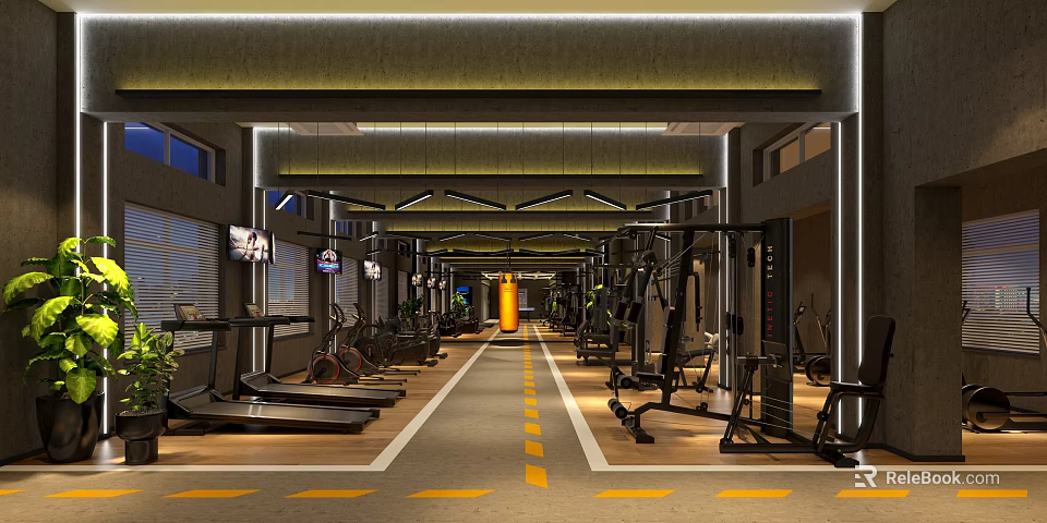 Modern Gym Interior With Treadmills Fitness Equipment And Workout Space 3d model 