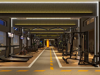 Modern Gym Interior With Treadmills Fitness Equipment And Workout Space 3d model