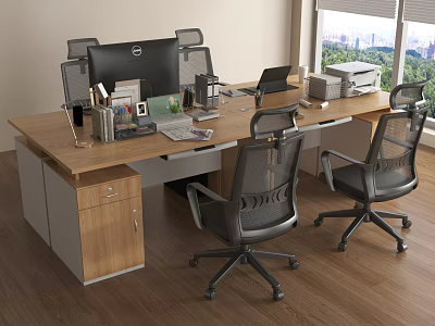 Wooden Office Desk With Computer Monitor Printer And Office Supplies Near Window With Green View 3d model