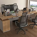 Wooden Office Desk With Computer Monitor Printer And Office Supplies Near Window With Green View