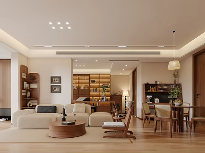 Modern Living Dining Room Interior Design With Beige Sofa Coffee Table And Wooden Dining Chairs 3d model