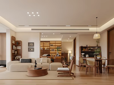 Modern Living Dining Room Interior Design With Beige Sofa Coffee Table And Wooden Dining Chairs 3d model