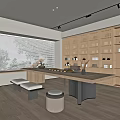Modern Wooden Tea Room Interior With Large Window Long Table Bench And Storage Cabinets 3d model
