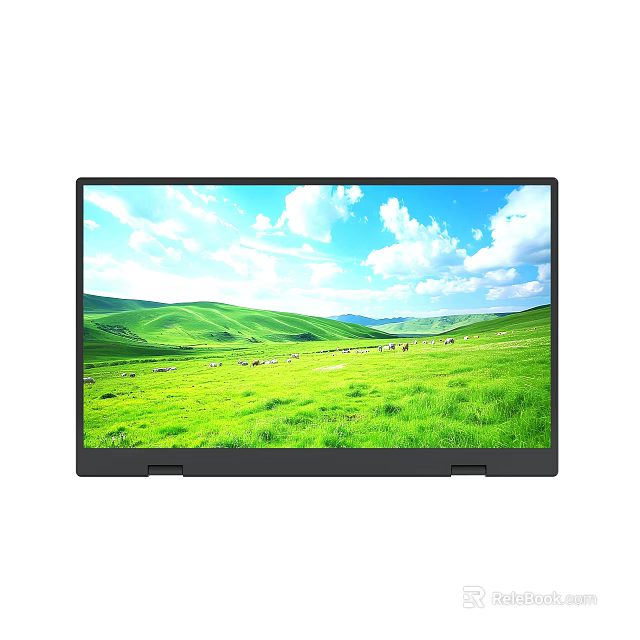 Monitor Displaying Green Meadow With Rolling Mountains Blue Sky And Grazing Sheep 3d model 