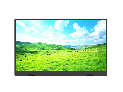 Monitor Displaying Green Meadow With Rolling Mountains Blue Sky And Grazing Sheep 3d model