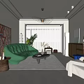 Modern Living Dining Room Interior With Green Sofa Beige Armchair And Colorful Abstract Painting