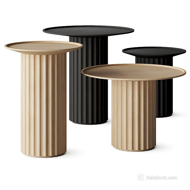 Modern Coffee Tables With Fluted Column Base Round Top In Light Wood And Black 3d model 