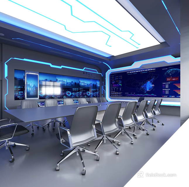 Hi Tech Conference Room Interior With Large Digital Screens Blue Lighting And Metallic Chairs 3d model 