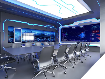 Hi Tech Conference Room Interior With Large Digital Screens Blue Lighting And Metallic Chairs 3d model