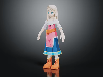 3D Character With White Hair Blue Eyes Pink Top Blue Skirt Orange Belt And Boots 3d model