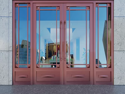 Elegant Copper Frame Double Doors With Glass Panels And Gray Wall Background 3d model