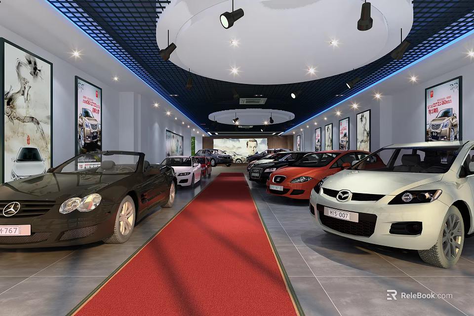 Car Dealership Showroom Interior With Cars On Display Red Carpet Ceiling Lights And Wall Posters 3d model 