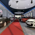 Car Dealership Showroom Interior With Cars On Display Red Carpet Ceiling Lights And Wall Posters