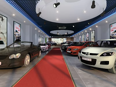 Car Dealership Showroom Interior With Cars On Display Red Carpet Ceiling Lights And Wall Posters 3d model