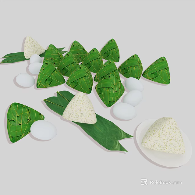 Delicious Traditional Glutinous Rice Dumplings With Bamboo Leaves White Eggs On Plate 3d model 