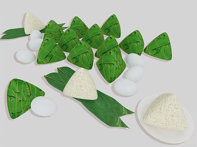 Delicious Traditional Glutinous Rice Dumplings With Bamboo Leaves White Eggs On Plate 3d model