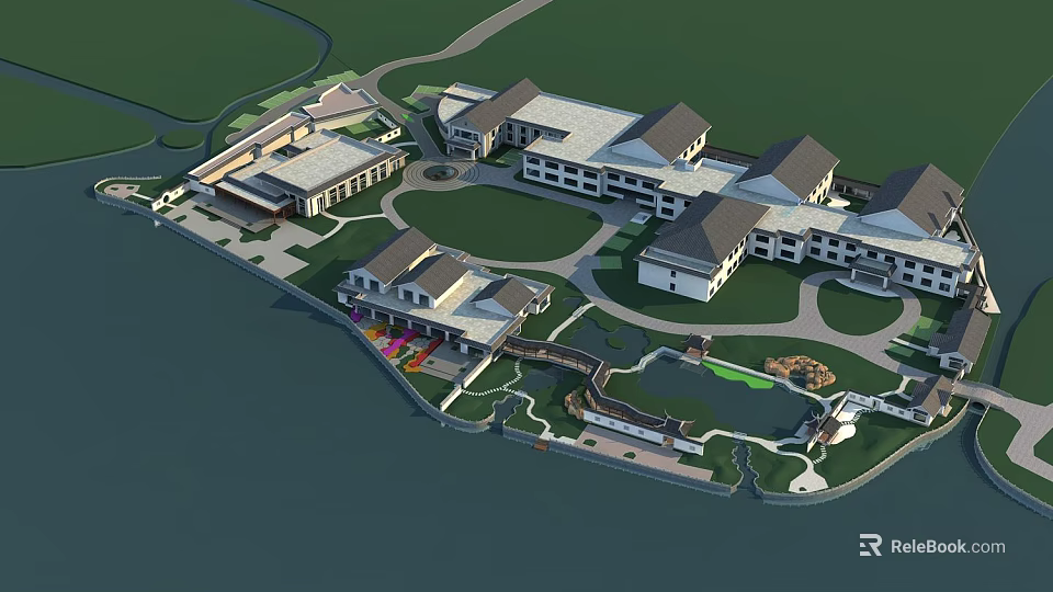 Modern Hotel Building Complex With Green Lawns Waterfront And Landscaped Gardens 3d model 