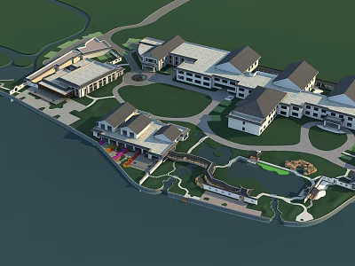 Modern Hotel Building Complex With Green Lawns Waterfront And Landscaped Gardens 3d model