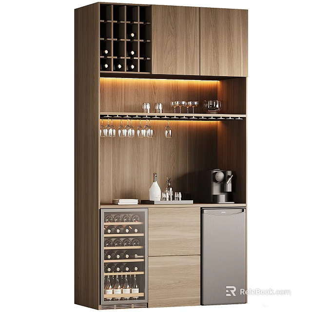 Modern Wooden Wine Cabinet Featuring Glass Rack Wine Bottle Storage And Coffee Machine 3d model 