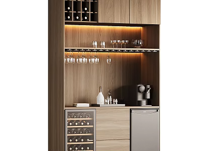 Modern Wooden Wine Cabinet Featuring Glass Rack Wine Bottle Storage And Coffee Machine 3d model