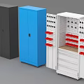 Public Facility Storage Cabinets in Black Blue White with Open Cabinet Red Tools and Shelves