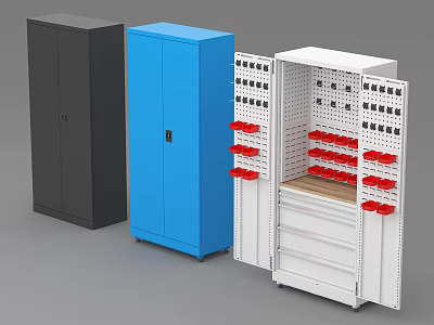 Public Facility Storage Cabinets in Black Blue White with Open Cabinet Red Tools and Shelves 3d model