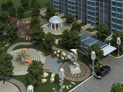 Residential Landscape With Lush Trees Lawns High Rise Buildings Round Gazebo Playground And Dolphin Statue 3d model