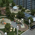 Residential Landscape With Lush Trees Lawns High Rise Buildings Round Gazebo Playground And Dolphin Statue